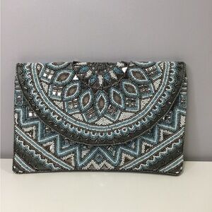 Embroidered Clutch Bag - Gray, White, Baby Blue